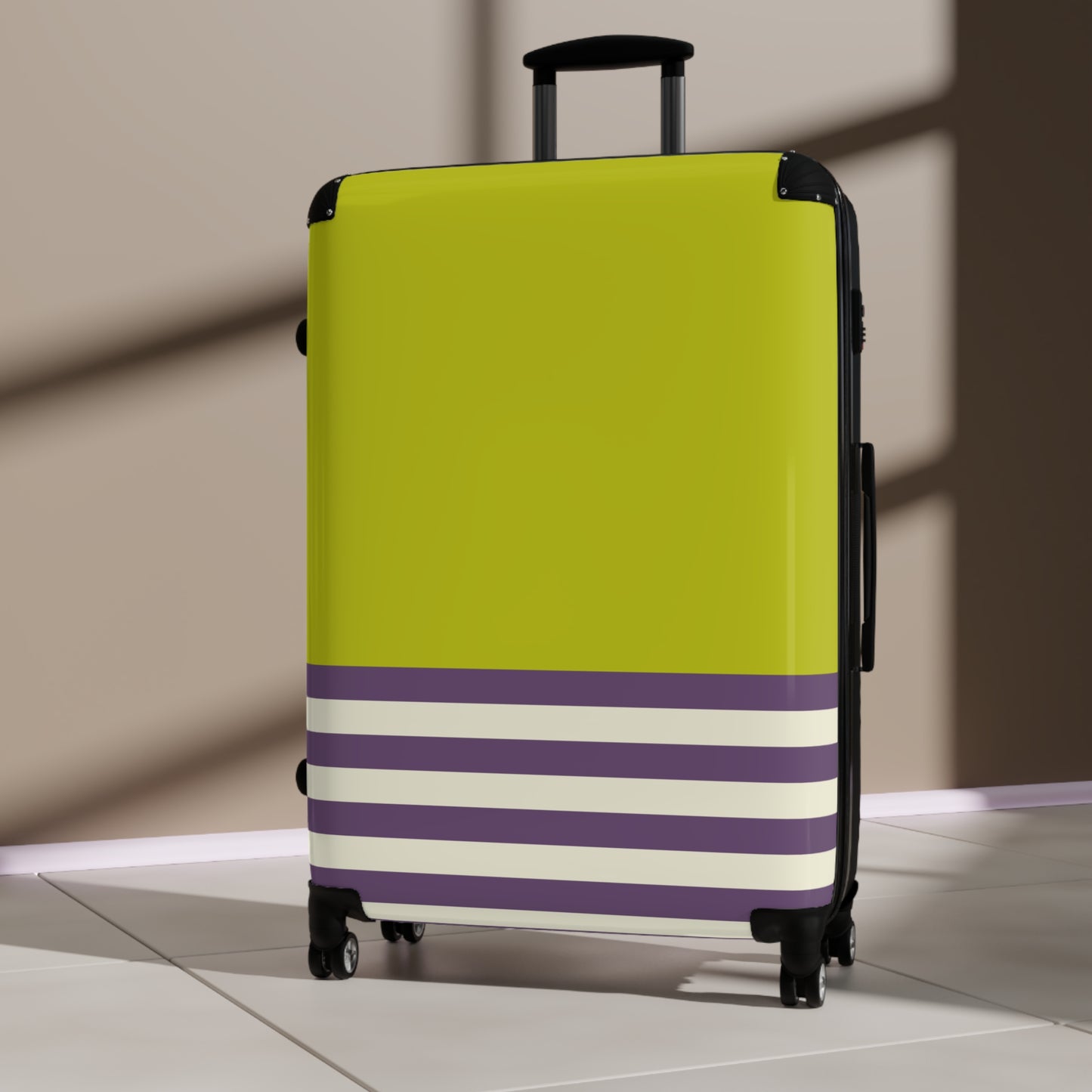 Suitcase in 3 Sizes - Green with Cream and Purple Stripes