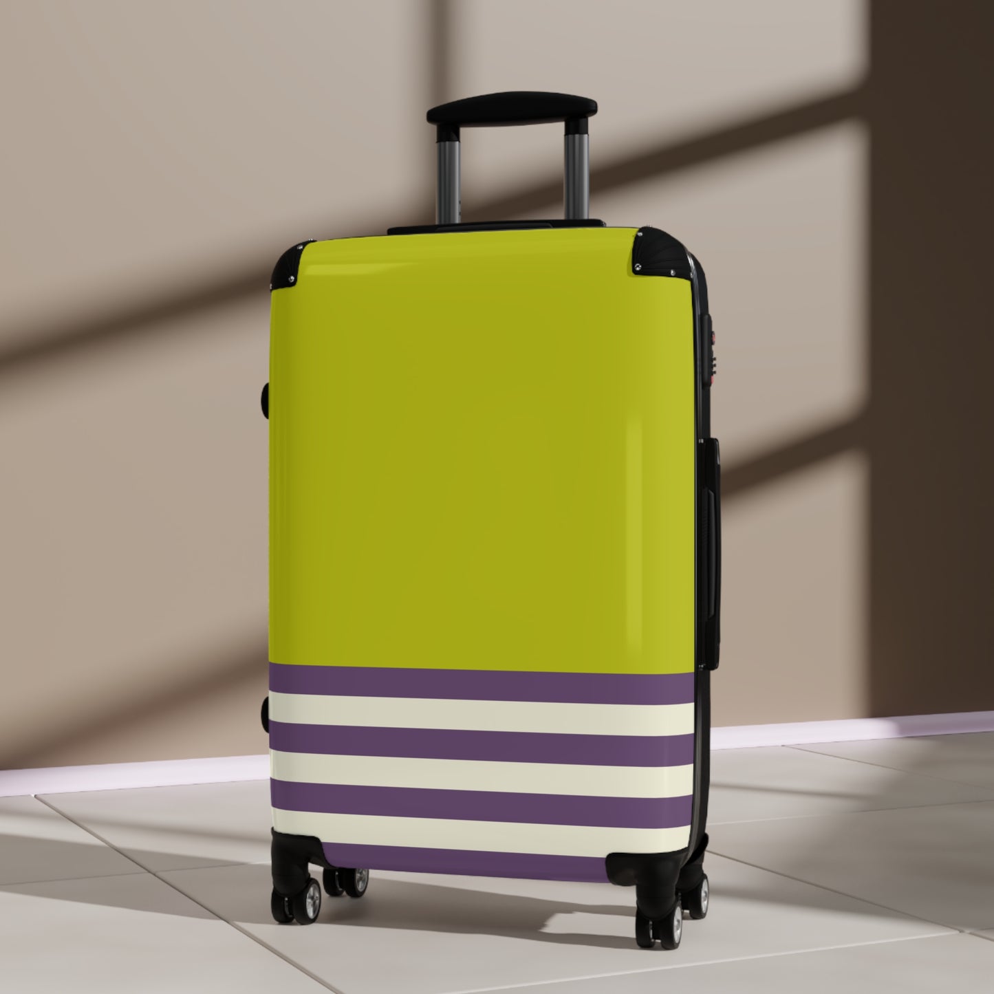 Suitcase in 3 Sizes - Green with Cream and Purple Stripes